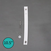 A white nylon shower rod strap with snap buttons, accompanied by installation hardware including a rivet and wood screws, displayed on a grey background.