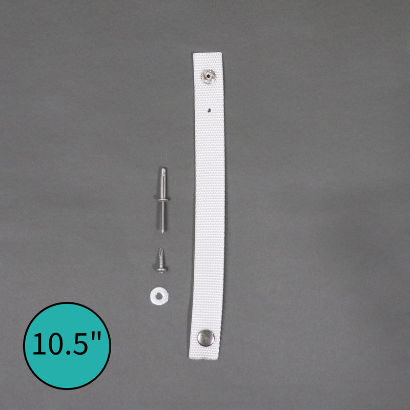 A white nylon shower rod strap with snap buttons, accompanied by installation hardware including a rivet and wood screws, displayed on a grey background.