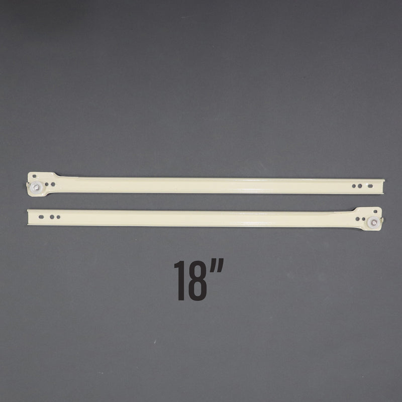 A pair of beige metal drawer guides laid on a flat surface, with the number '18 inches' indicated below them.