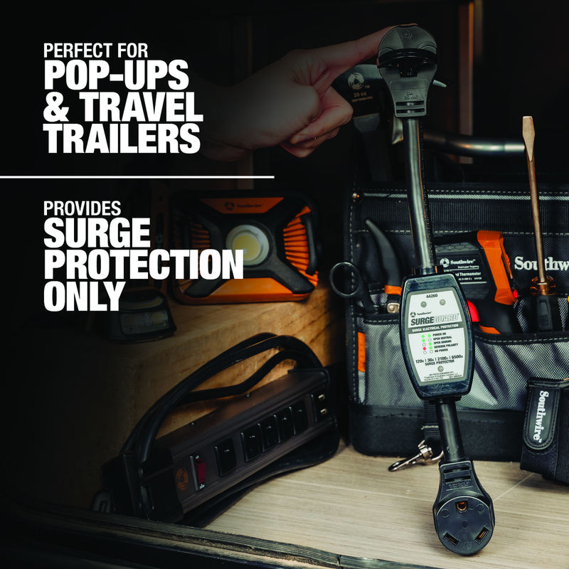 Tool kit with surge protector and tools, suitable for pop-ups and travel trailers.