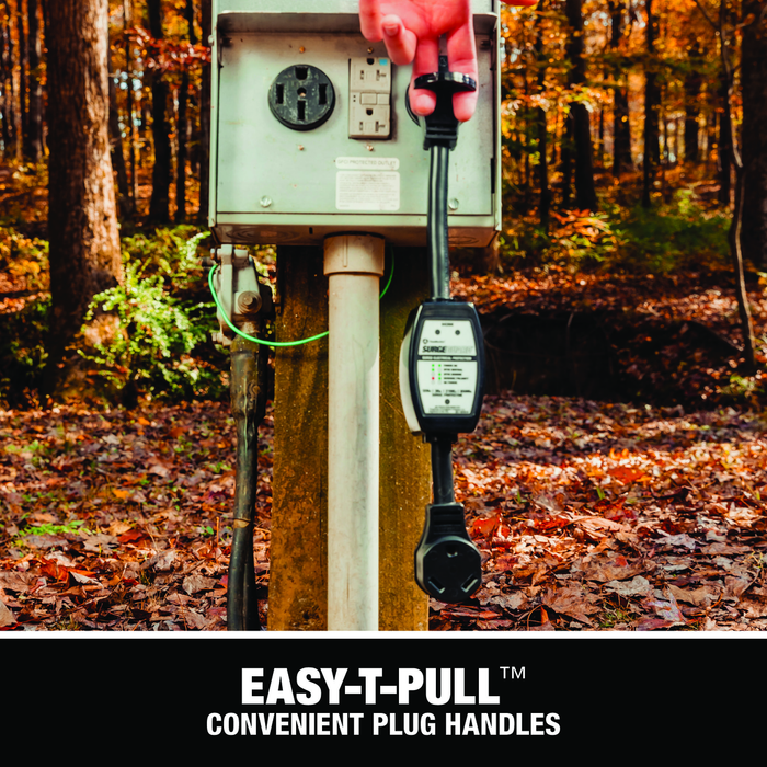 Easy-T-Pull handle shown with the surge protector plugged into a campground power pedestal