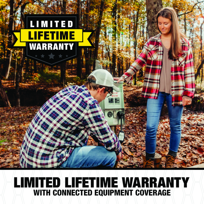 couple at a campground plugging in a surge protector with warranty information