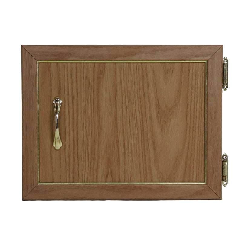 Wooden cabinet door with a handle on a white background