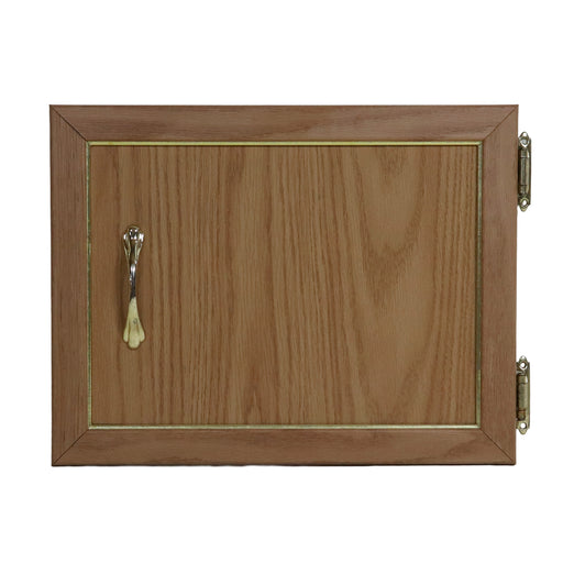 Wooden cabinet door with a handle on a white background