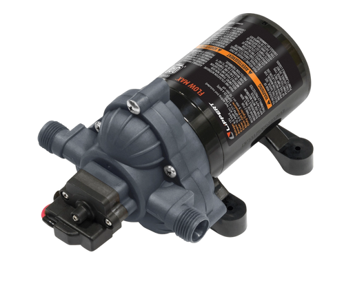 Gray flow max water pump with visible branding on a white background