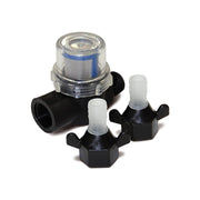 strainer and fittings with black and clear parts on a white background