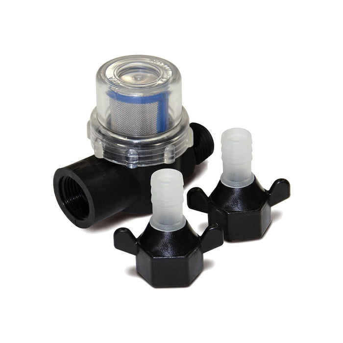 strainer and fittings with black and clear parts on a white background