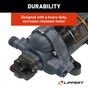 Heavy-duty pump with corrosion-resistant motor on a white background, featuring Lippert brand.