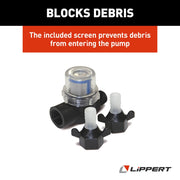 Pump components with text about debris prevention and Lippert branding.