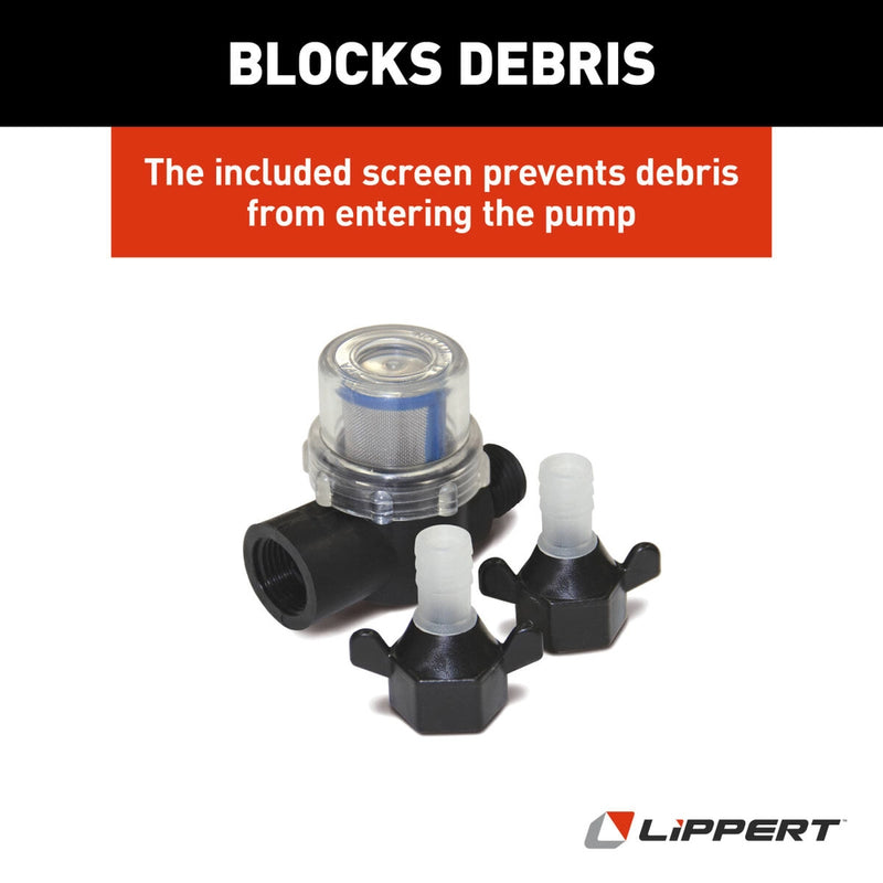 Pump components with text about debris prevention and Lippert branding.