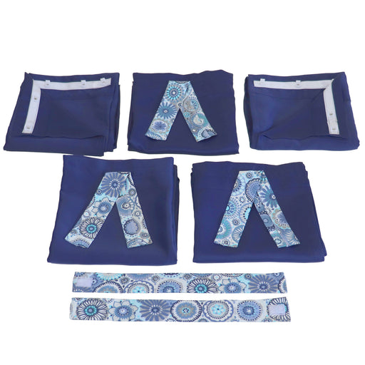 Set of blue camper curtains with floral patterns on a white background