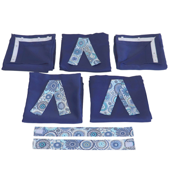 Set of blue camper curtains with floral patterns on a white background