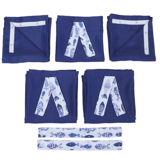 Set of blue pop up camper curtains with matching ties