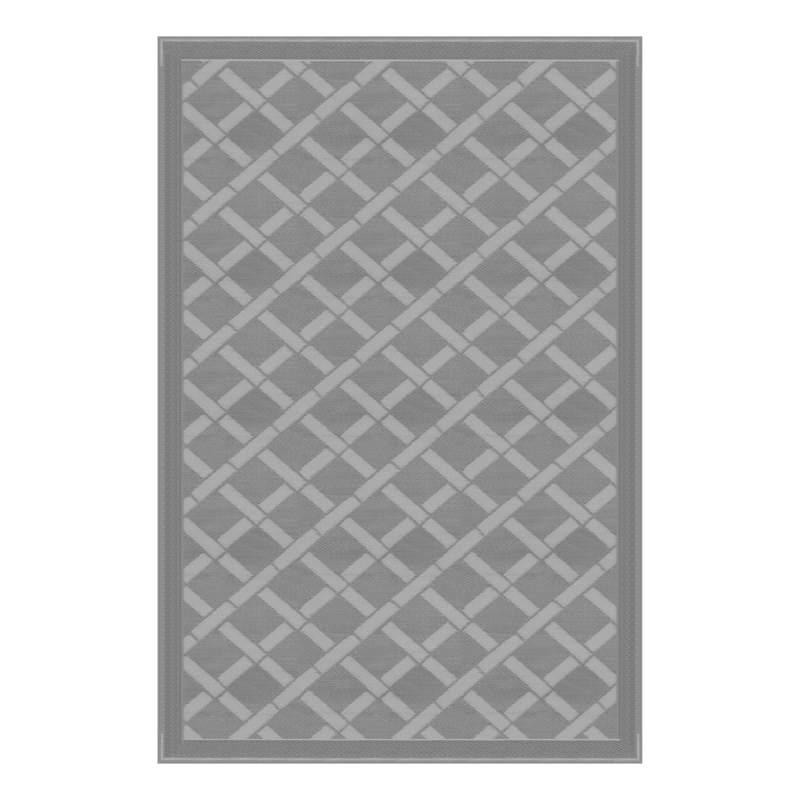 A gray outdoor patio mat with a geometric pattern.