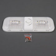 A white LED ceiling light with clear diffuser style lenses and installation hardware included.
