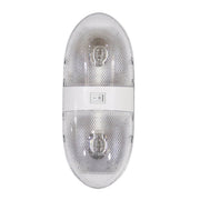 A double lamp ceiling light with a switch, popular model for replacement bulbs, measuring 10-1/4 inches in length by 4-1/8 inches wide.