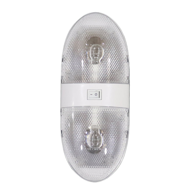 A double lamp ceiling light with a switch, popular model for replacement bulbs, measuring 10-1/4 inches in length by 4-1/8 inches wide.