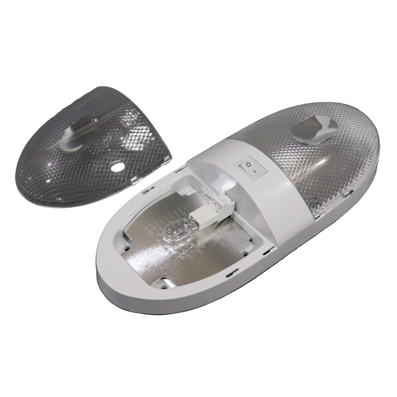 A double lamp ceiling light with a switch, popular model for replacement bulbs, measuring 10-1/4 inches in length by 4-1/8 inches wide.