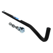 A black weight distribution trunnion bar with a shackle block and chain, designed for towing vehicles.
