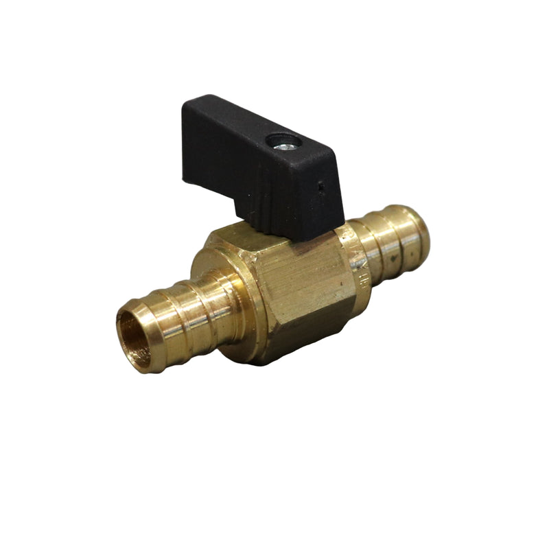 A gold-colored metal drain valve with barbed fittings on each end and a black handle.