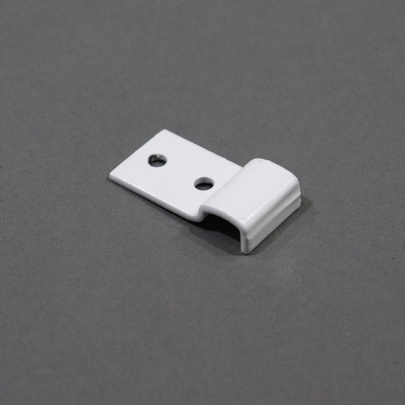 A white metal bracket with two holes for attachment, viewed from an angle against a grey background.