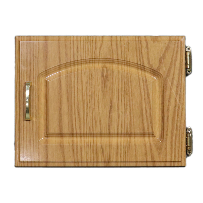 A wooden cabinet door with a curved handle cutout, found in a dinette booth.