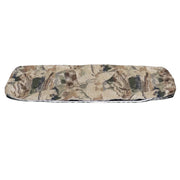 A camouflage patterned cushion cover for a back bench in a dinette set, with solid green on the back.