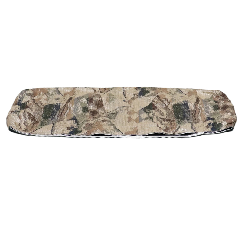 A camouflage patterned cushion cover for a back bench in a dinette set, with solid green on the back.