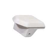 A white end cap for an awning lead rail, displayed on a gray background.