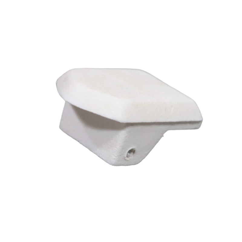 A white end cap for an awning lead rail, displayed on a gray background.