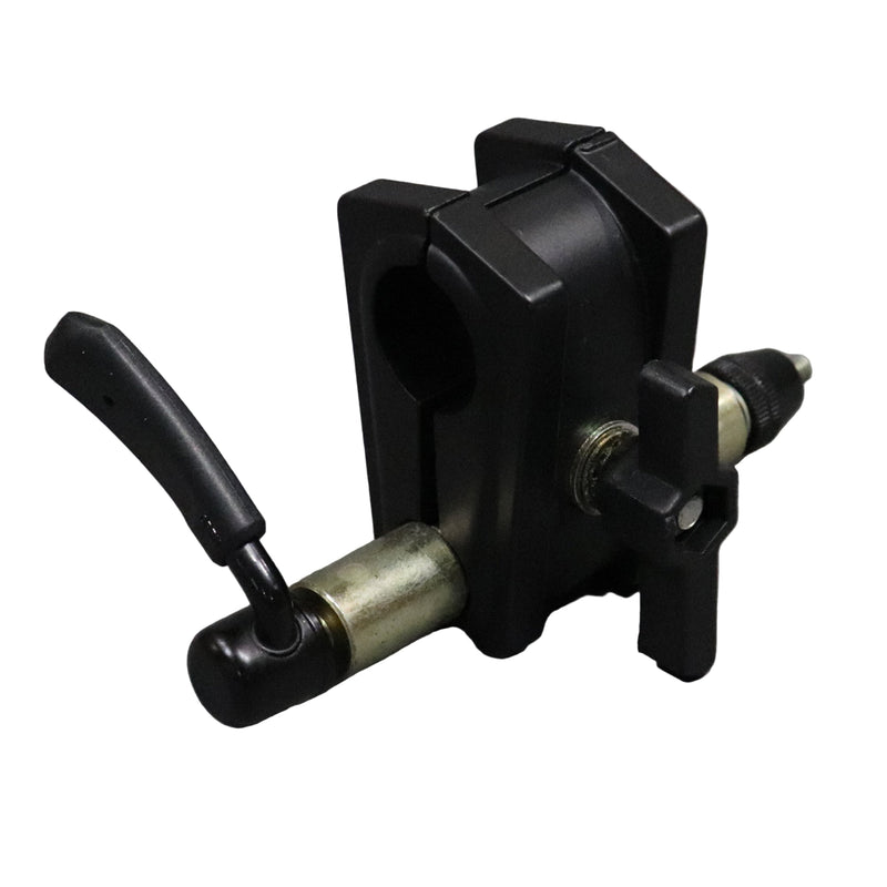 A black Yakima crossbar attachment with visible metallic parts, designed for roof mounted crossbar systems.