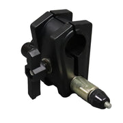 A black Yakima crossbar attachment  viewed from the side