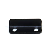 A black metal latch strike for a pop-up camper, with two holes for mounting.