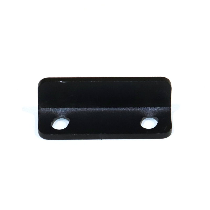 A black metal latch strike for a pop-up camper, with two holes for mounting.