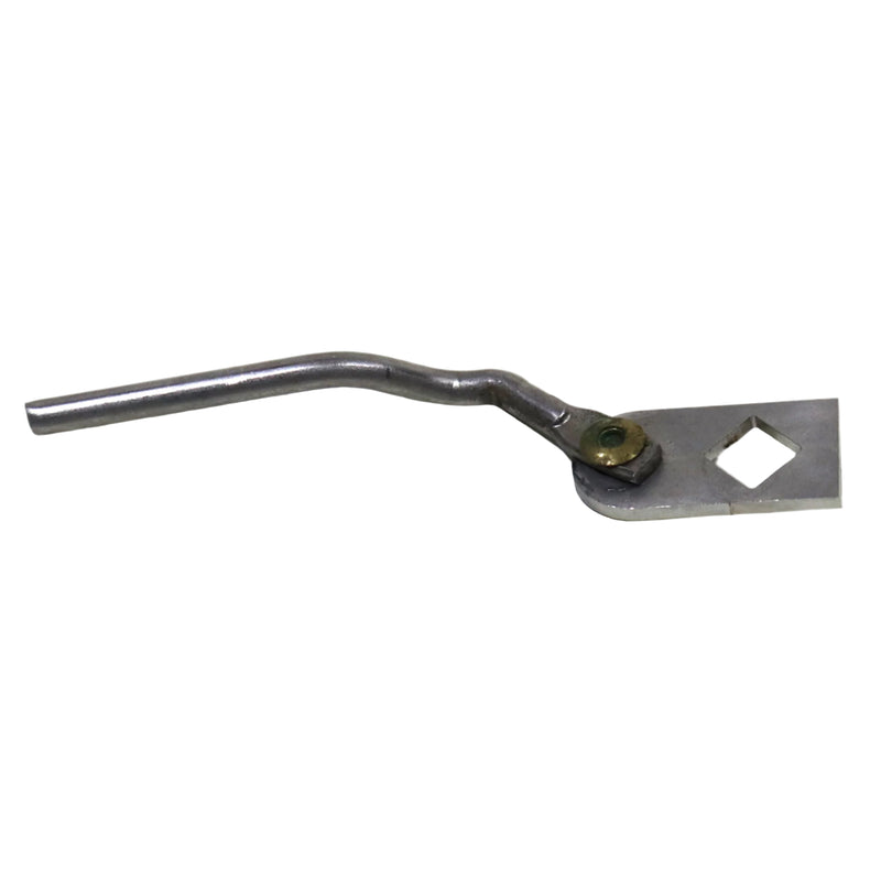 A metal latch lever arm for an access door lock, with a visible pivot point and an attached bar.