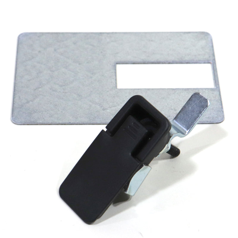 A black glide out latch with mounting hardware, designed for use with larger Coleman and Fleetwood pop-ups. The latch is displayed against a white background.