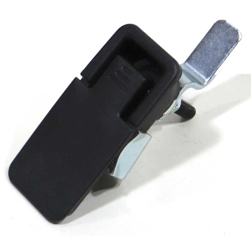 A black glide out latch with mounting hardware, designed for use with larger Coleman and Fleetwood pop-ups. The latch is displayed against a white background.