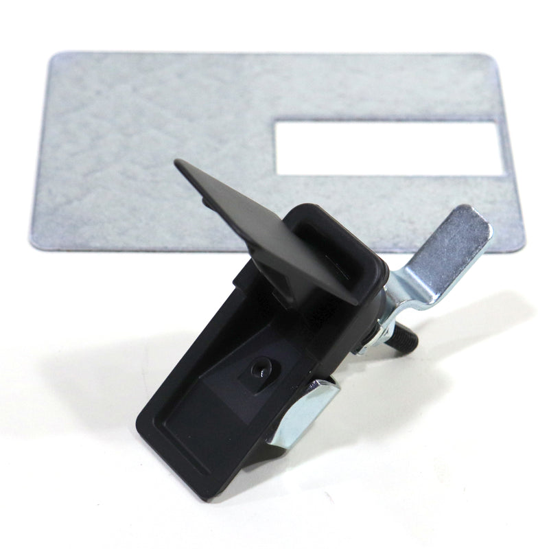 A black glide out latch with mounting hardware, designed for use with larger Coleman and Fleetwood pop-ups. The latch is displayed against a white background.