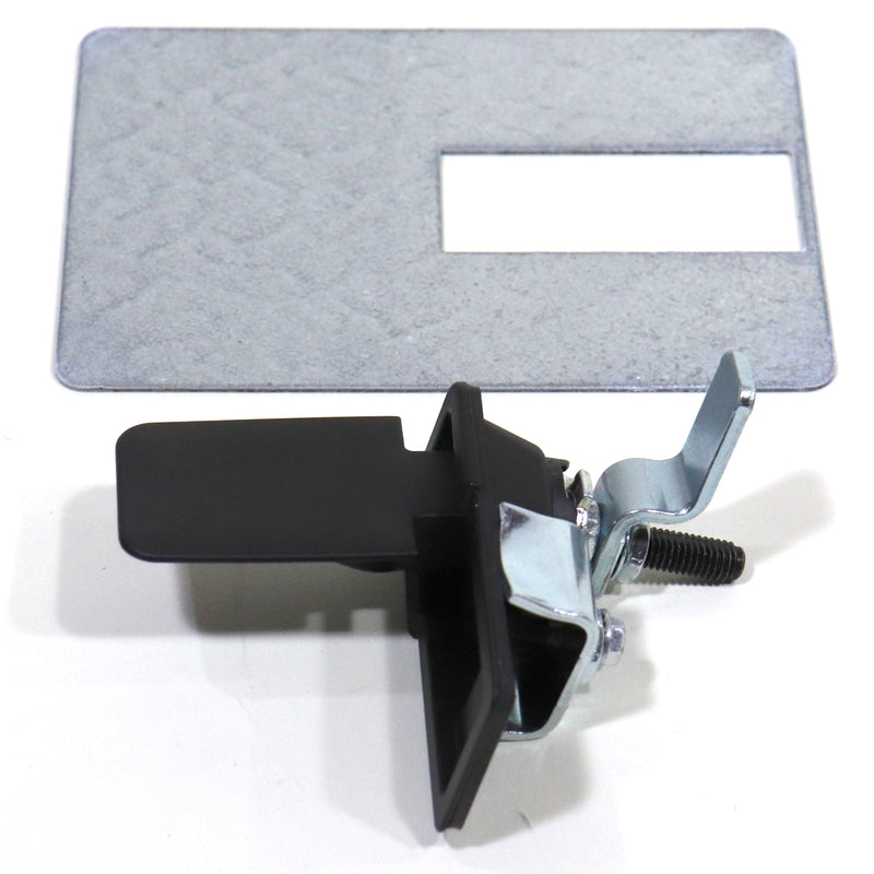 A black glide out latch with mounting hardware, designed for use with larger Coleman and Fleetwood pop-ups. The latch is displayed against a white background.