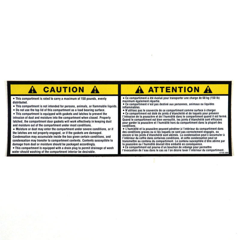 A set of warning labels for storage boxes, featuring yellow backgrounds with black text and icons indicating cautions and attentions.