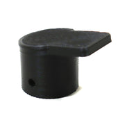 A black plastic duck bill cap designed to attach to a ceiling end of a shepherds hook or tent support pole.