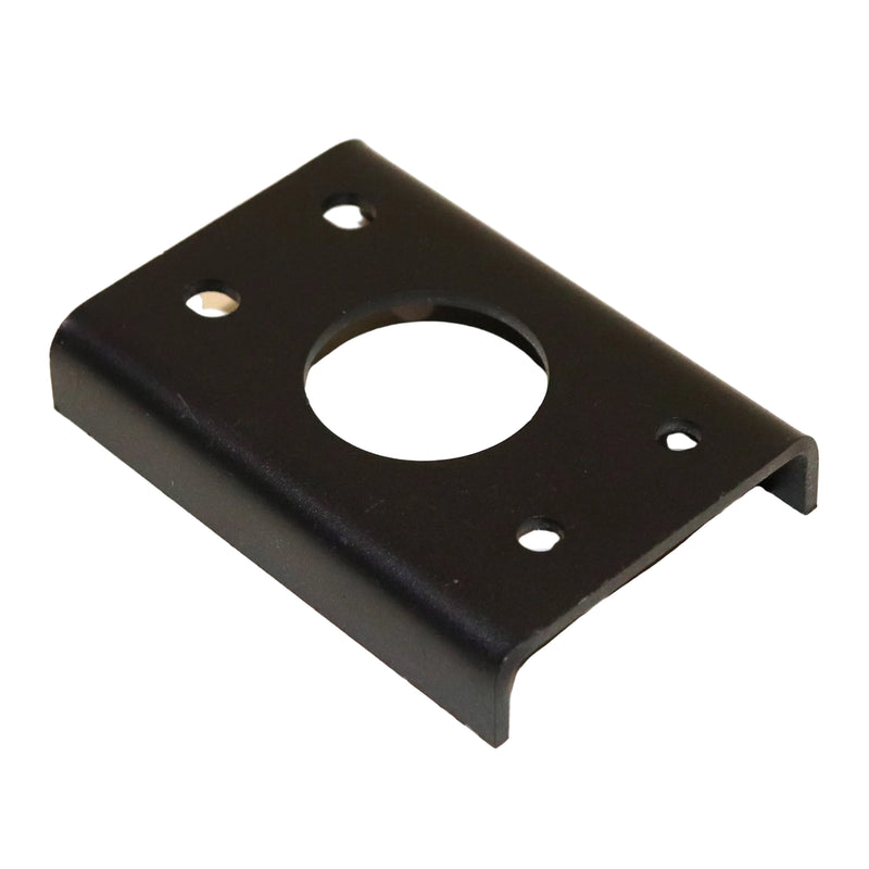 Black metal bearing reinforcement plate with circular hole on a white background