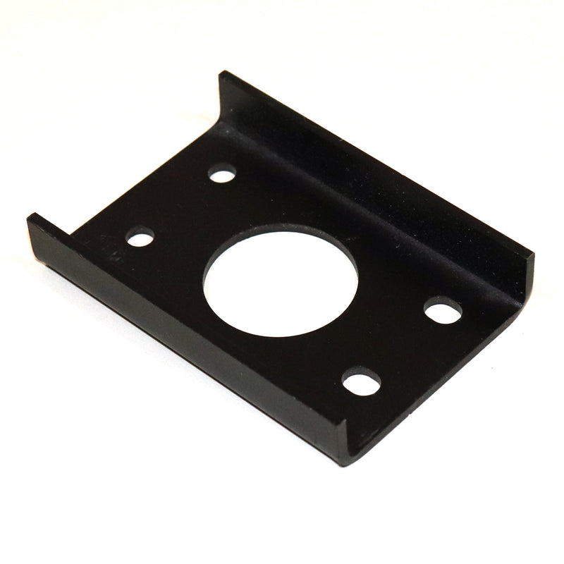 Black metal bearing reinforcement plate with circular hole on a white background shown from the back