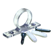 A clear plastic shower hose guide with mounting screws and hollow wall anchors.