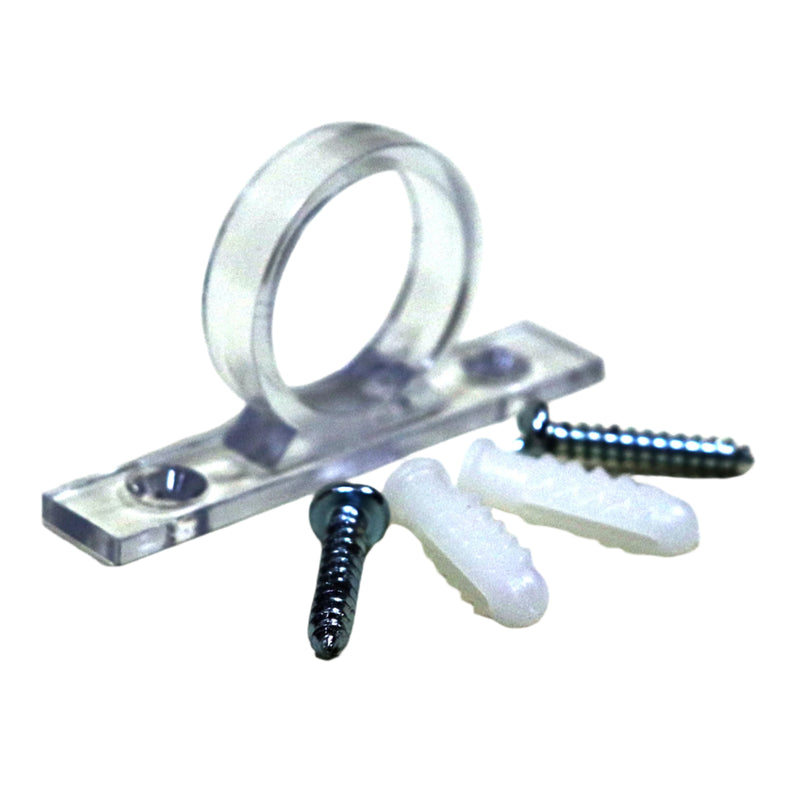 A clear plastic shower hose guide with mounting screws and hollow wall anchors.