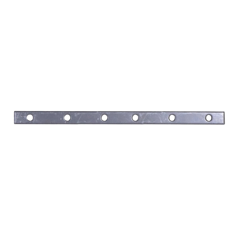 A silver metal bracket with multiple holes for rivets used to connect sections of a bed frame.