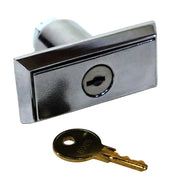 A silver pop out door lock common on Coleman Fleetwood and Airstream campers
