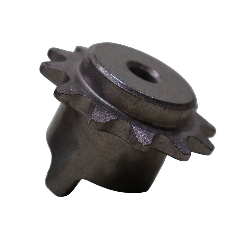 A black metal sprocket for a lift gear, typically used in a galley sink lift system.