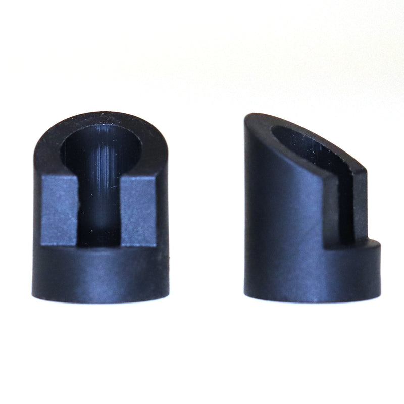 Two black plastic spacers designed for use in bed support pole brackets.