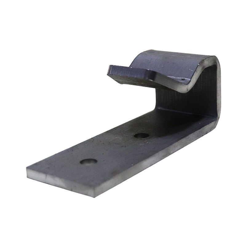 A black metal latch or catch part, likely made of steel, used for securing a glide out system in a pop-up camper.